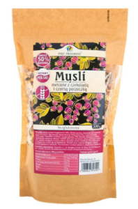 MUSLI OWSIANE Z CZEKOLADĄ I CZARNĄ PORZECZKĄ BEZGLUTENOWE 500 G pięć przemian 